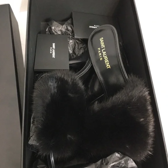 Saint Laurent Paris Roy Mink & Leather Mules Heels Size 38. Made in Italy - Picture 13 of 15